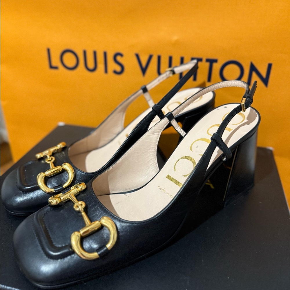 Gucci Black Heels with Gold Buckle